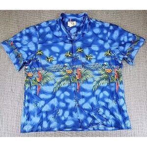 Vtg KY'S Hawaiian Button Front Aloha Shirt Parrots Macaw Palms Size 4XL Blue USA